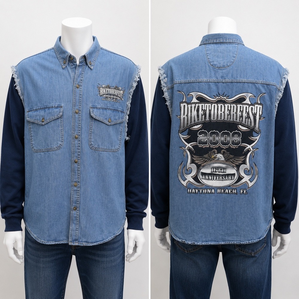 Biketoberfest 2008 Daytona Denim Sweatshirt Button-Up Shirt Jacket Men's L Moto